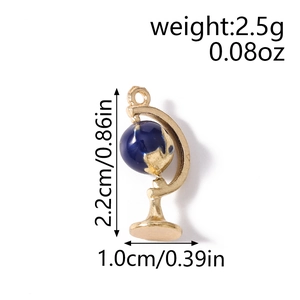 Globe pendant charm in gold metal and blue enamel for jewelry making with measurements