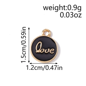 Gold-rimmed black enamel round charm with Love script for DIY jewelry making