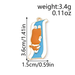 Detailed view showing dimensions and 3.4g weight of the cartoon Corgi dog enamel charm