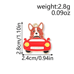 Enamel corgi driving a red car charm with dimensions 2.8cm by 2.4cm and 2.8g weight