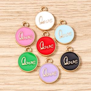 7-piece set of colorful round Love charms with gold metal frames for DIY jewelry making