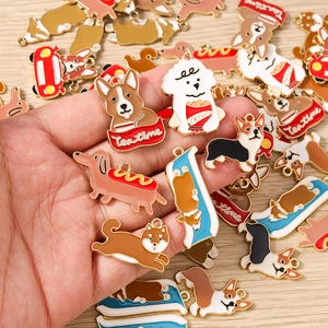 Detailed view of colorful enamel dog charms including Corgi and Poodle for DIY jewelry
