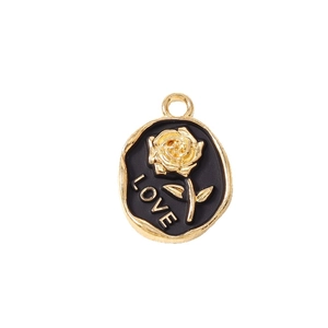 Golden rose and LOVE pendant in black enamel, minimalist geometric jewelry charm for necklaces