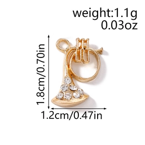 Pendentif trompette doré avec strass : 1,8cm hauteur, 1,2cm largeur, 1,1g de poids