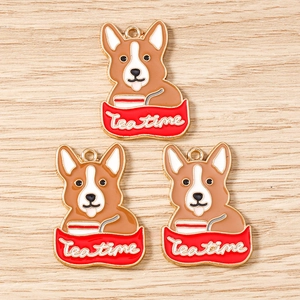 Detailed view of three Corgi dog enamel alloy charms with Tea Time text for DIY jewelry