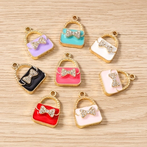 Colorful handbag alloy charms with rhinestone bowknot and gold handle for DIY jewelry