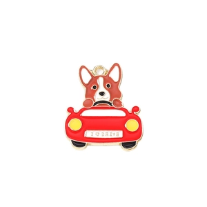 Cartoon Corgi driving red car enamel pendant for jewelry making with I Love Drive tag
