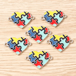 Enamel Heart Puzzle Connector Charms Alloy Autism Awareness Pendants For DIY Jewelry Making Bracelets Necklaces Crafts