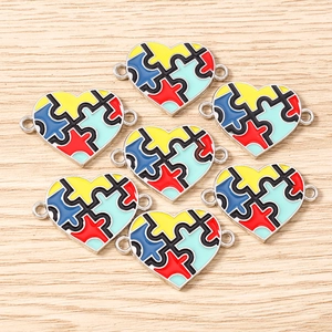 Colorful heart puzzle charms for DIY jewelry making in polished silver metal