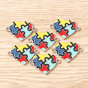 Colorful enamel heart puzzle pendants with silver metal connectors for DIY jewelry making