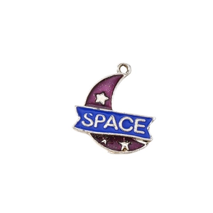 Space themed purple crescent moon charm with blue banner and Space text for DIY jewelry