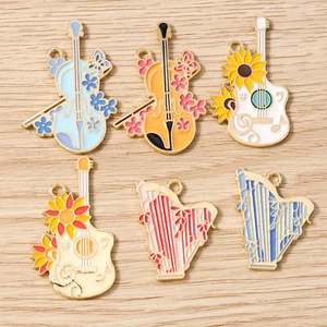 Musical Instrument Enamel Charms For Jewelry Making Sunflower Guitar Harp Cello Zinc Alloy Pendant For Keychain Necklace