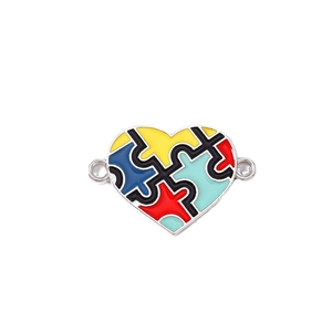 Colorful puzzle heart charm pendant for DIY jewelry making with dual connector rings