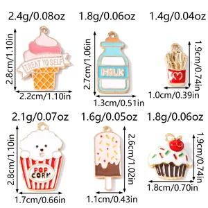 Size guide for DIY food pendants featuring dimensions of ice cream and cake charms