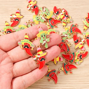 DIY enamel alloy charms set featuring Mexican style chili and cactus with sombreros