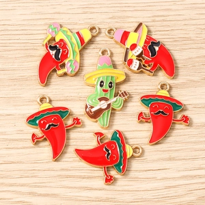 Enamel Mexican chili and cactus charms for jewelry making, featuring guitar and sombrero