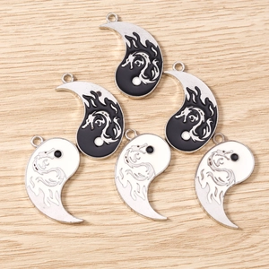 Set of 6 Yin Yang Dragon pendants in black and white finish for DIY jewelry making