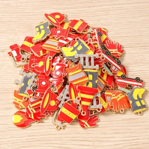 DIY red fire rescue enamel charms including hydrant, helmet, and extinguisher for jewelry making