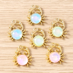 Pack of 10 gold crab charms with colorful gemstones for DIY jewelry making