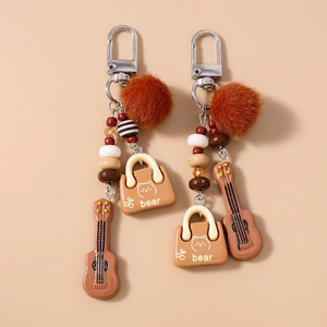 Cute Bear Guitar Keychain With Plush Ball Tassel Beads Pendant Resin Bag Charm Accessory For Women Girls Gift