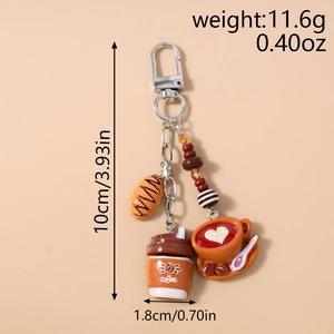 Detail view of coffee theme keychain with resin bread charm and cup dimensions