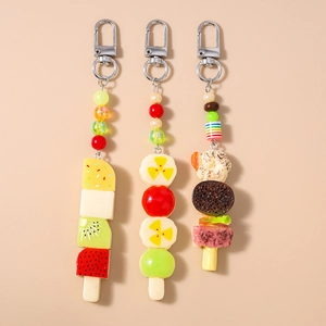 Porte-clés Simulation Nourriture Brochette de Fruits Résine Perles Colorées BBQ Viande Crevette Ornement Sac Bijoux Cadeau Femme