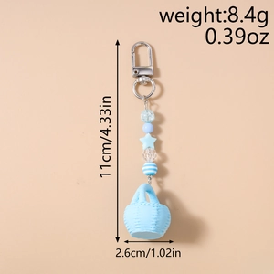 Detailed dimensions of blue beaded keychain with star beads and basket pendant charm
