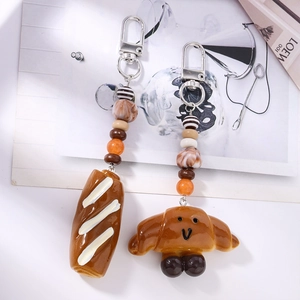 Cute realistic bread and croissant keychain with colorful beads for bags and keys