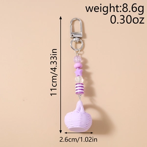 Detailed view of purple beaded keychain with star charm, showing 11cm length and 8.6g weight