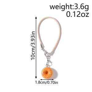 Detail view of donut phone strap with silver lobster clasp and size dimensions