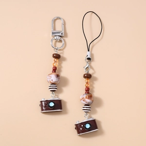 Vintage Camera Beaded Keychain Retro Camera Phone Lanyard Charm Colorful Mixed Beads Bag Pendant Strap Accessory Women Men Gift