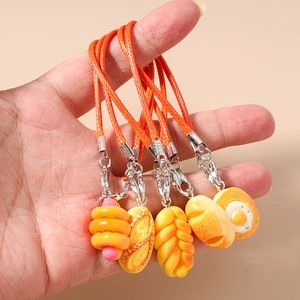 Simulation Bread Food Keychain Charms Resin Alloy Orange Woven Cord Mobile Phone Lanyard Bag Pendant Women Girls Accessory