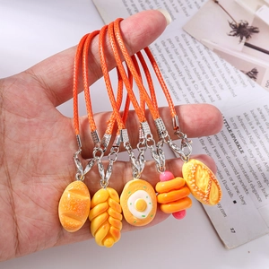 Set of five realistic hot dog bread phone charms with orange braided lanyards and silver clips
