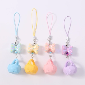 Breloques de téléphone panier à nœud coloré en bleu clair, jaune, rose et violet pastel