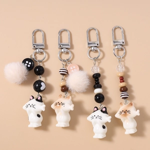 Cute Cartoon Cat Keychain Striped Beaded Furry Ball Bag Pendant Resin Animal Key Ring For Women Girls Gift Accessories