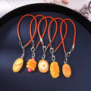 Set of five realistic bread and hot dog charms with orange cords and metal clips