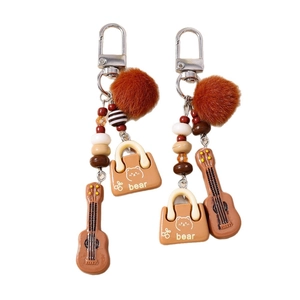 Bohemian style tassel beaded keychain with plush ball, guitar pendant and bear bag charm