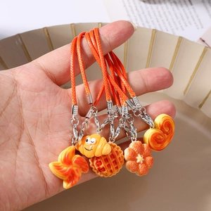 Cute simulation croissant and cookie keychain set with orange charms and woven strap