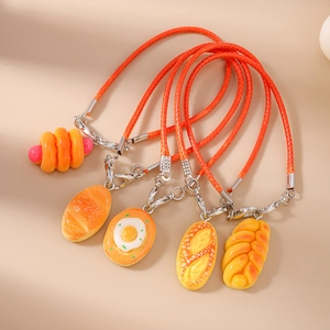 Five-piece realistic food charm set with hot dog and bread models on orange straps