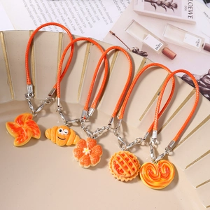 Creative Simulation Bread Resin Keychain Orange Woven Rope Croissant Tart Pendant Phone Lanyard Bag Charm Fashion Jewelry