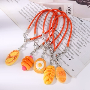 Realistic hot dog and baguette bread keychain charms set with orange braided lanyards