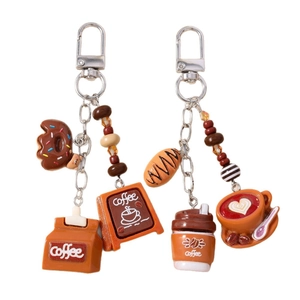 Fashionable simulated coffee and donut keychain charms with realistic bread and coffee cup design