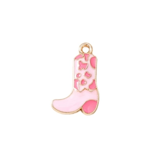 Pink enamel western cowboy boot pendant charms with gold metal edges for DIY jewelry making