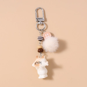 Cute white cat keychain with pink pompom and striped beads for bag accessories