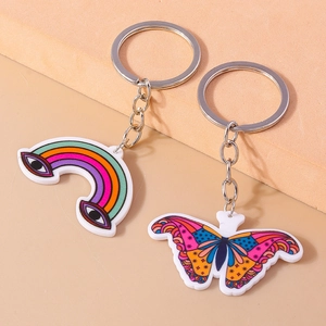 Set portachiavi in acrilico con arcobaleno e farfalla con anello in metallo lucido