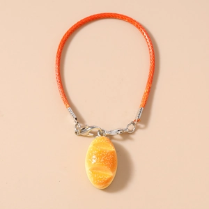 Close-up of realistic hot dog bread pendant with orange braided rope and silver lobster clasp
