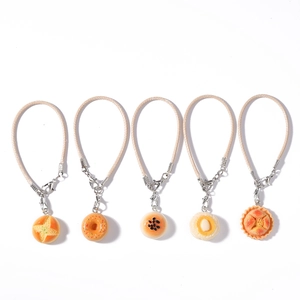 Set of 5 realistic food miniature charms including donuts and bread with woven straps