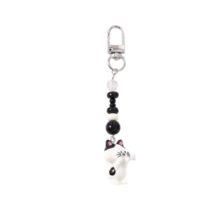 Cute black and white cat keychain with striped beads and metal lobster clasp charm
