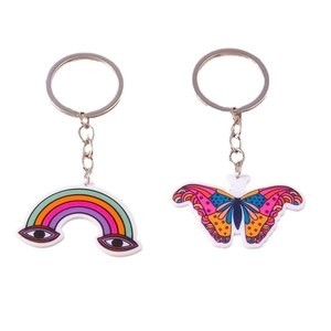 Portachiavi arcobaleno e farfalla in acrilico con ali colorate e anello in metallo