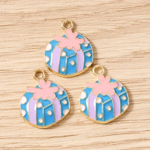 Three sky blue enamel floral pendants with purple stripes for DIY jewelry making